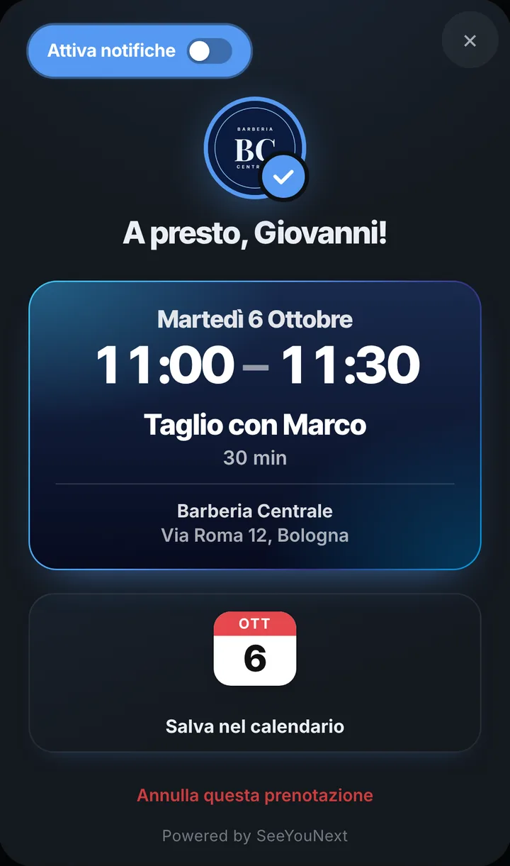 La conferma della prenotazione con servizio, giorno, ora e indirizzo