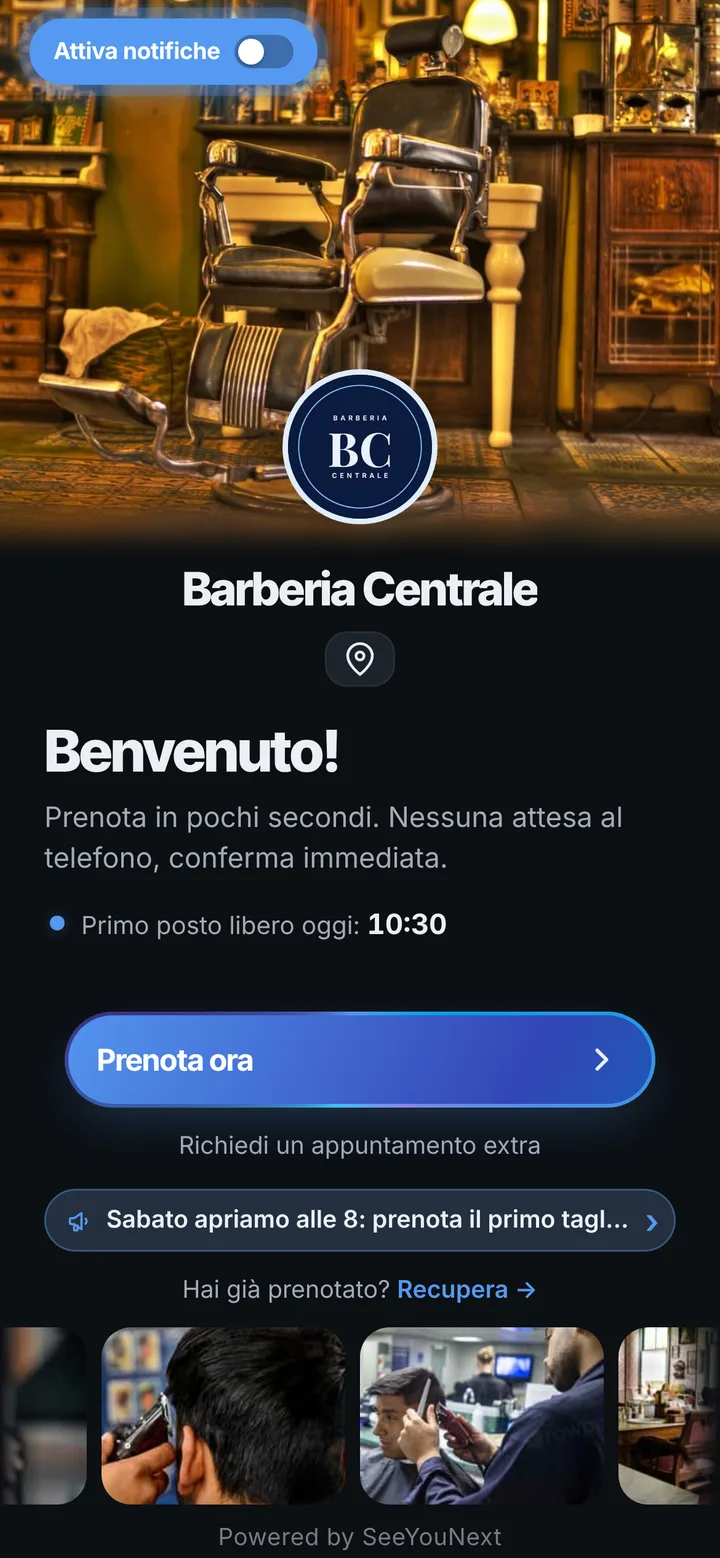 La pagina di prenotazione di Barberia Centrale, col suo logo e le sue foto, aperta dal telefono di un cliente