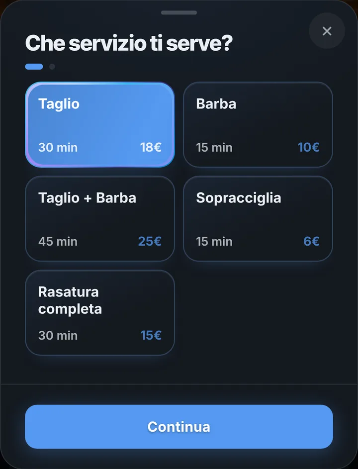 La scelta del servizio, con durata e prezzo