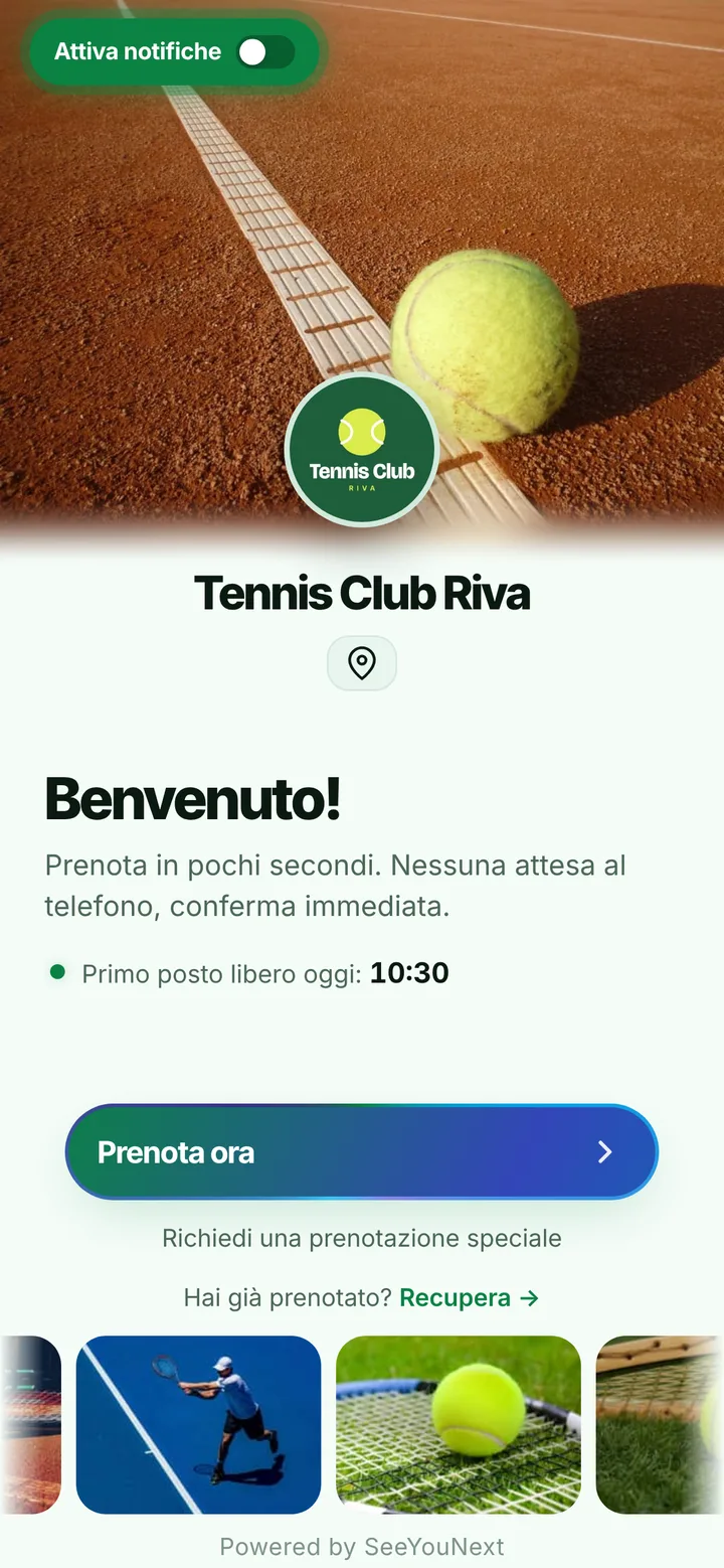 La pagina di prenotazione di un’attività di prova (campi sportivi) aperta dal telefono di un cliente