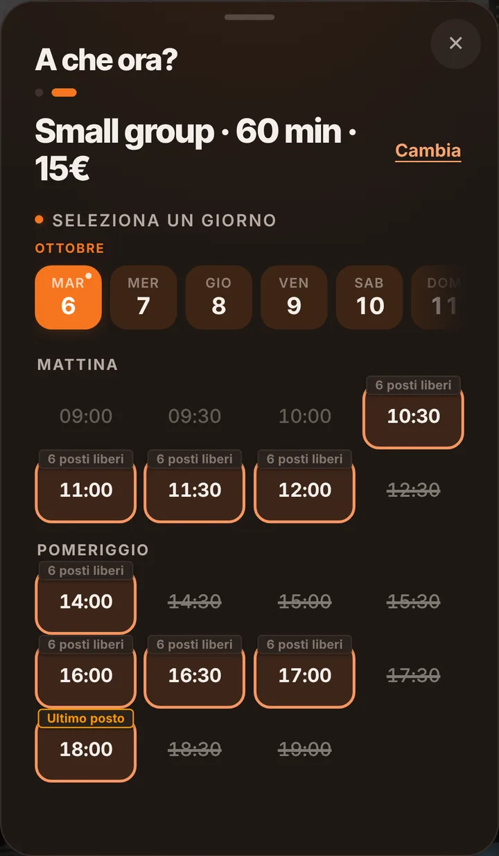 Gli orari liberi del giorno sulla pagina di prenotazione