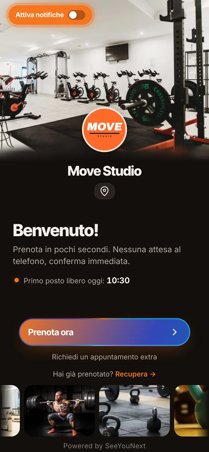 La pagina di prenotazione di un’attività di prova (personal trainer, palestre e corsi) aperta dal telefono di un cliente