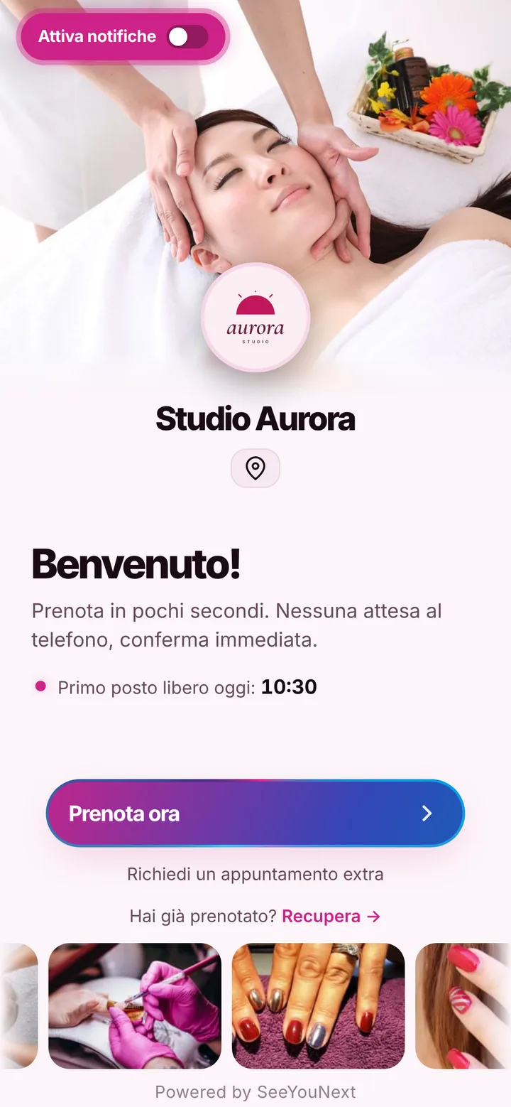 La stessa pagina di prenotazione con il tema Fucsia, chiaro