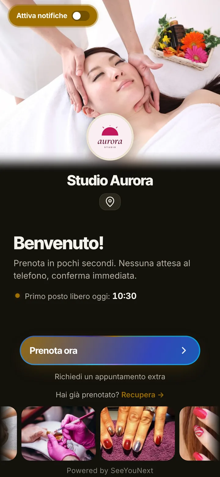 La stessa pagina di prenotazione con il tema Oro, scuro