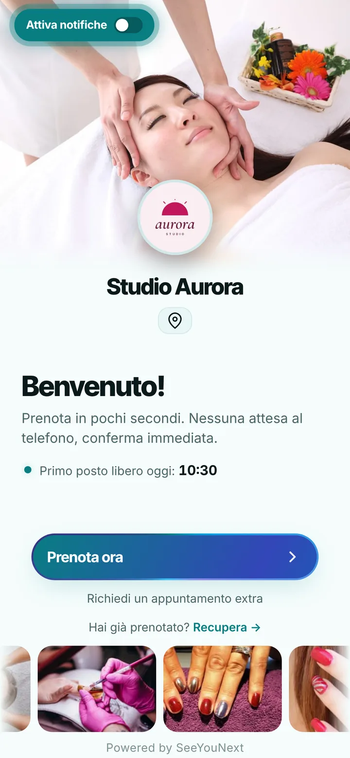 La stessa pagina di prenotazione con il tema Turchese, chiaro