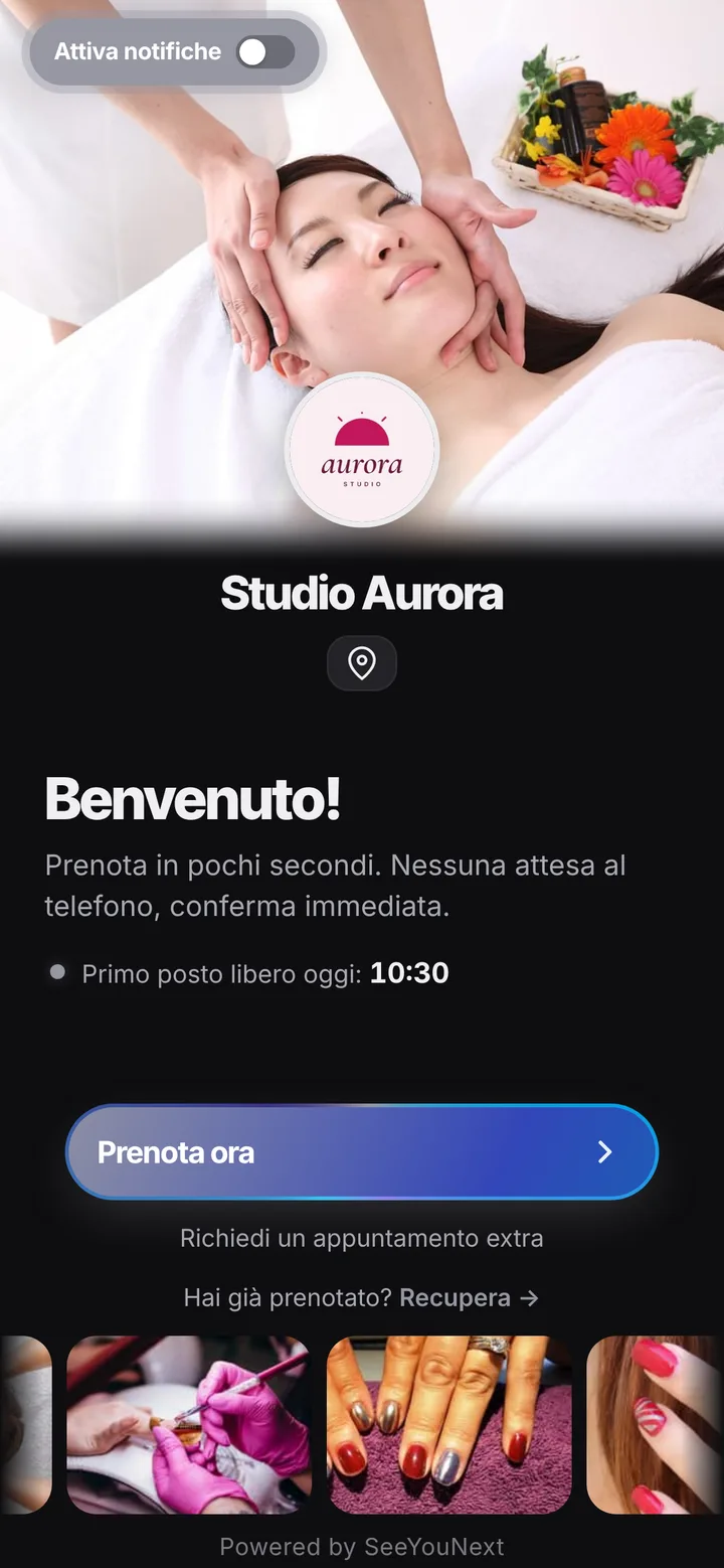 La stessa pagina di prenotazione con il tema Grigio, scuro